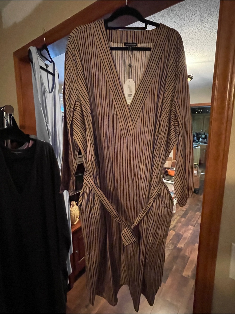 NWT Universal Standard Striped Long Sleeve Wrap Dress Tan and Black w/ Pockets